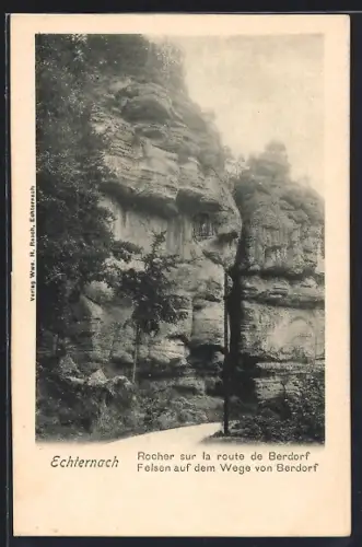 AK Echternach, Felsen auf dem Wege von Berdorf