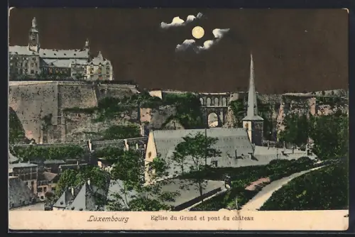 Mondschein-AK Luxembourg, Eglise du Grund et pont du château
