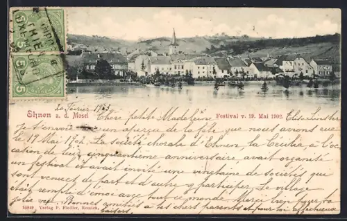 AK Ehnen a. d. Mosel, Festival 1902, Ortsansicht am Ufer