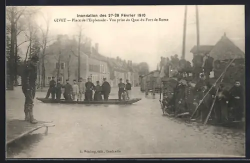 AK Givet, Place de l`Esplanade, Vue prise du Quai du Fort de Rome pendant l`inondation de février 1910