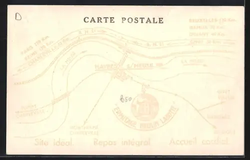 AK Haybes s. Meuse, Ermitage Moulin Labotte avec vue, étang et intérieur du bar-restaurant