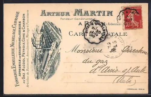 AK Revin, Carte postale de la fonderie Arthur Martin avec illustration industrielle
