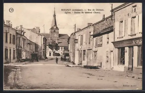 AK Buzancy /Ardennes, Rue du Château, Église, Statue du Général Chanzy