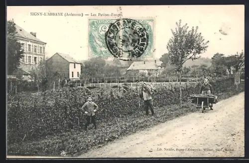 AK Signy-l`Abbaye /Ardennes, Les Petites-Forêts, scène rurale avec habitants et charrette
