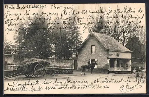 AK Donchery, Maison avec cavalier et charrette devant l`entrée