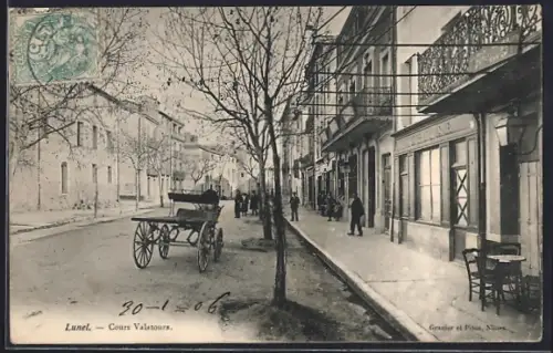 AK Lunel, Cours Valatours avec charrette et passants
