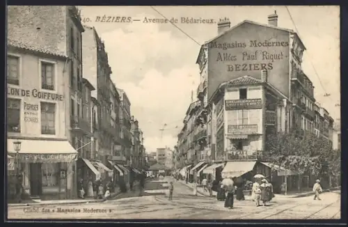 AK Béziers, Avenue de Bédarieux et Magasins Modernes