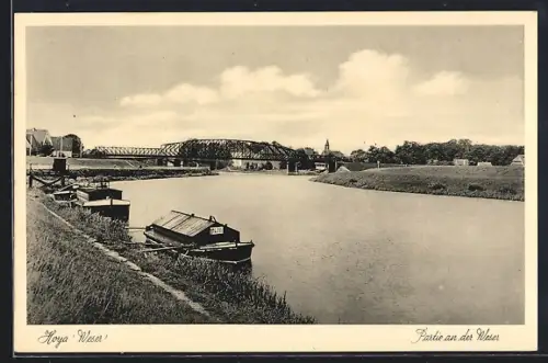 AK Hoya /Weser, Partie an der Weser, Brücke, Boote