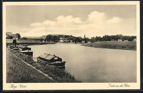 AK Hoya /Weser, Partie an der Weser, Brücke, Boote