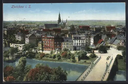AK Zwickau i. S., Stadtansicht mit Brücke und Kirche