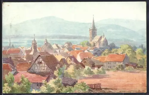 Künstler-AK Oberursel am Taunus, Stadtansicht mit Kirche und Fachwerkhäusern