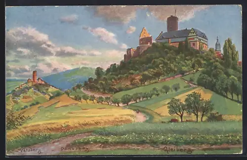 Künstler-AK Gleiberg, Burg Gleiberg, Vetzberg, Dünsberg