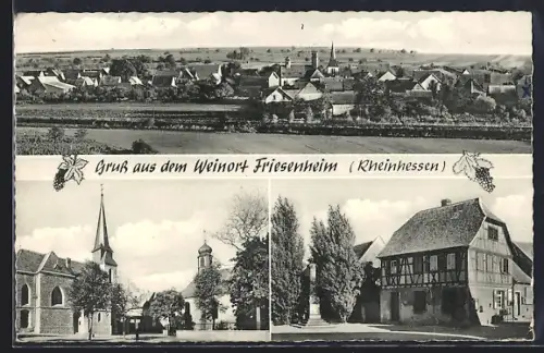 AK Friesenheim /Rheinhessen, Ortsansicht, Kirche, Fachwerkhaus