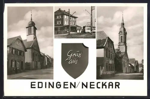 AK Edingen / Neckarhausen, Kirche, Bahnhof, Strassenansicht