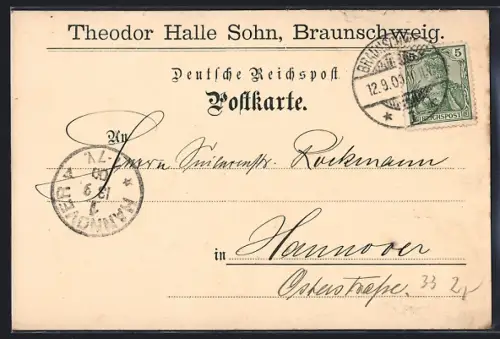 AK Braunschweig, Geschäftspostkarte Theodor Halle Sohn an Firma Rukmann