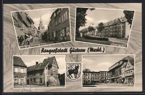 AK Güstrow /Meckl., Strasse der Nationalen Einheit, Neukruger Strasse, Armensünderturm, Markt