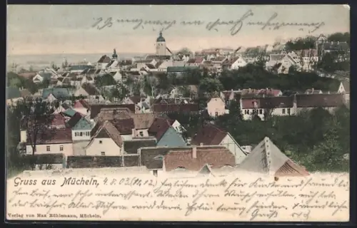 AK Mücheln / Halle, Stadtansicht mit Kirche und Wohnhäusern