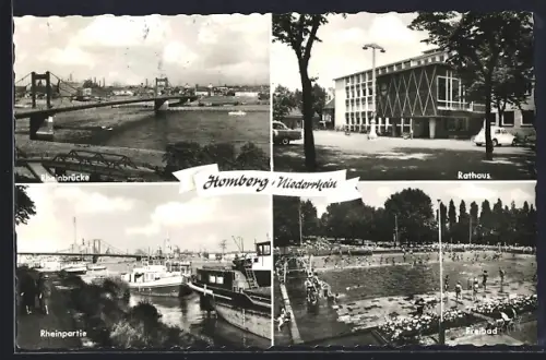 AK Homberg /Niederrhein, Rheinbrücke, Rathaus, Rheinpartie, Freibad