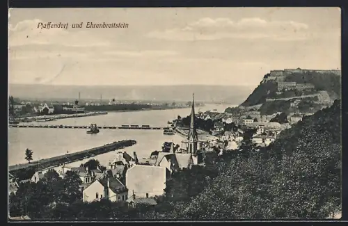 AK Koblenz /Ehrenbreitstein, Pfaffendorf, Festung Ehrenbreitstein, Rheinansicht
