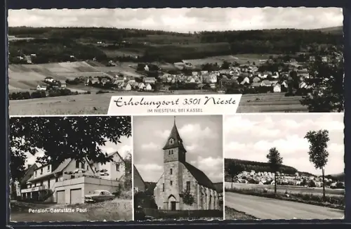 AK Nieste im Niestetal, Pension-Gaststätte Paul, Kirche, Ortsansicht
