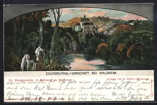Künstler-AK Waldheim, Zschopauthal, Landschaft, Schloss