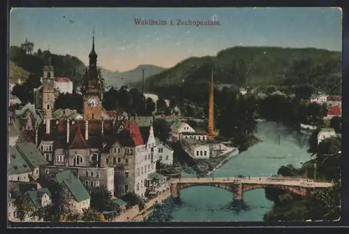 AK Waldheim / Sachsen, Zschopautal, Stadtansicht mit Rathaus, Kirche und Brücke