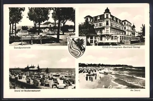 AK Ahlbeck / Ostseebad, Strandpromenade, FDGB-Erholungsheim Bernhard Göring, Strand mit Brückenrestaurant, Strand