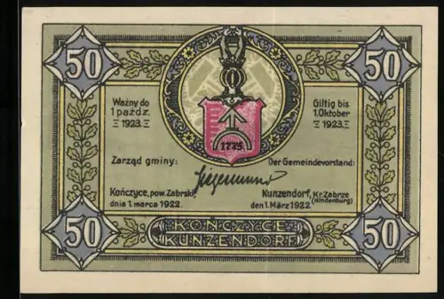 Notgeld Konczyce-Kunzendorf 1922, 50 Pfennig, Wappen, Soldat und Landschaft an der polnisch-deutschen Grenze