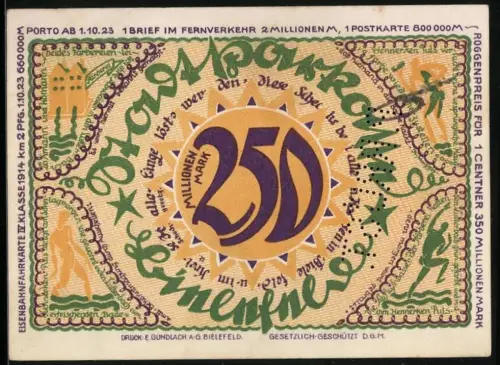 Notgeld Bielefeld 1922, 250 Millionen Mark, Sonne und Menschen in Bewegung, Stadt Bielefeld Textbanderole