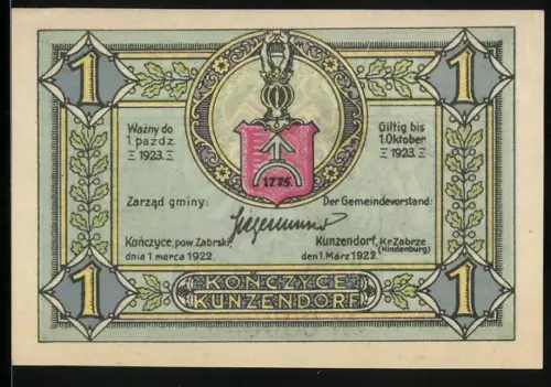 Notgeld Konczyce-Kunzendorf 1922, 1 Mark, Schmied mit Adler und Wappen, Nr. 030060