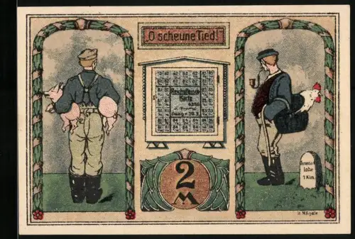 Notgeld Tonndorf-Lohe 1921, 2 Mark, Metzger mit Schwein und Huhn, plattdeutscher Text