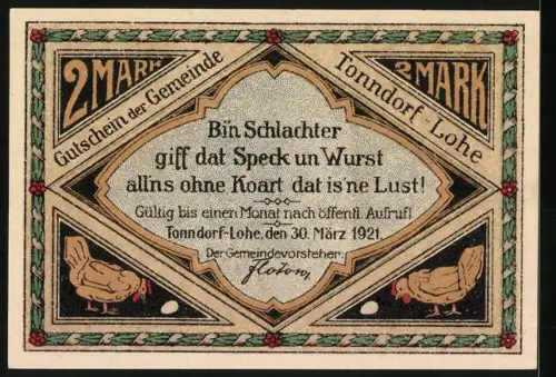 Notgeld Tonndorf-Lohe 1921, 2 Mark, Metzger mit Schwein und Huhn, plattdeutscher Text
