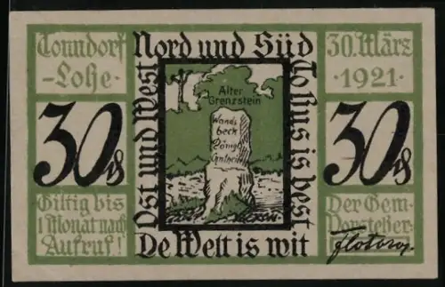 Notgeld Tonndorf-Lohe 1921, 30 Pfennig, Alter Grenzstein und Schriftzüge