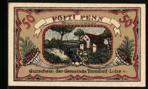 Notgeld Tonndorf-Lohe 1921, 50 Pfennig, Landschaft mit Haus und dekorative Herzornamente
