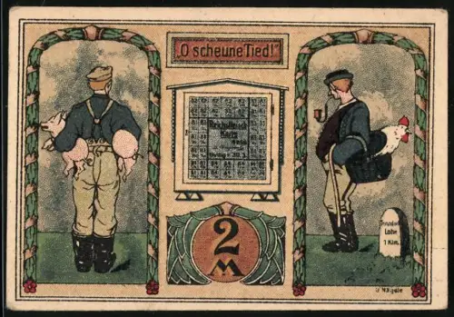 Notgeld Tonndorf-Lohe 1921, 2 Mark, Bauern mit Schwein und Huhn, humorvoller Text über Speck und Wurst