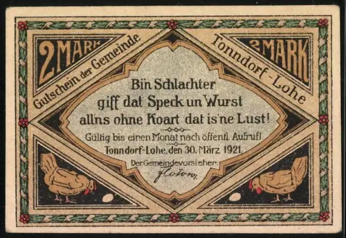 Notgeld Tonndorf-Lohe 1921, 2 Mark, Bauern mit Schwein und Huhn, humorvoller Text über Speck und Wurst