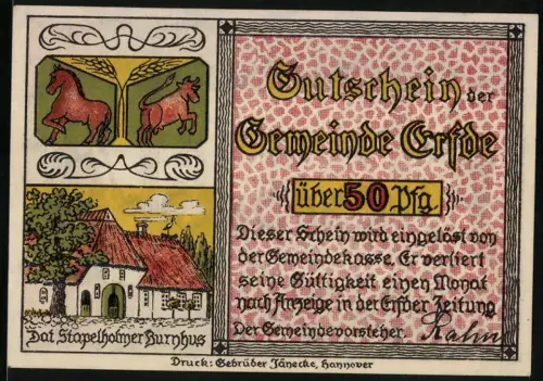 Notgeld Erfde, 50 Pfennig, Pferde, Bauernhaus und Familientreffen an Tisch