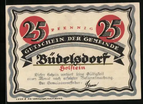 Notgeld Büdelsdorf, 25 Pfennig, Henker mit Schwert und Stadtansicht um 1350