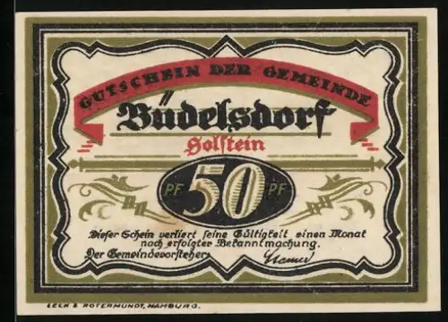 Notgeld Büdelsdorf, 50 Pfennig, Carlshütte Eisenwerk von 1827, plattdeutscher Text