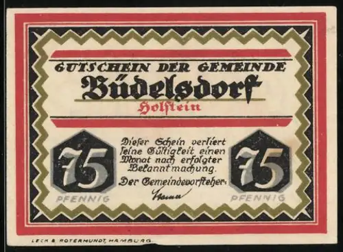 Notgeld Büdelsdorf 1919-20, 75 Pfennig, Turnhalle mit Jugendheim, Haushaltsschule, roten Gebäude, Schrift