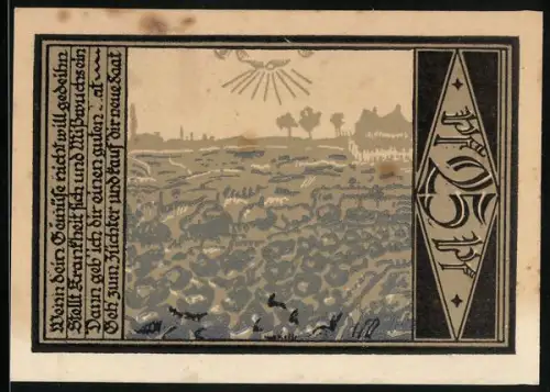 Notgeld Aschersleben 1921, 25 Pf, Landschaft mit Gedicht und gotische Schriftzüge