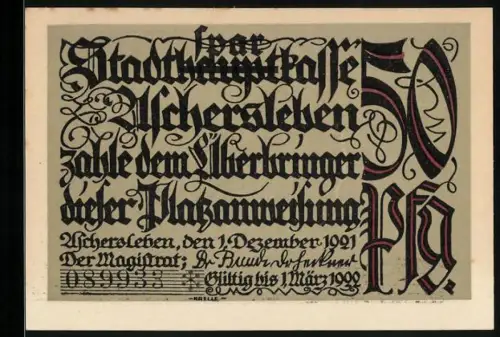Notgeld Aschersleben 1921, 50 Pf, Markt mit Brunnen und Menschenmenge, Seriennummer 18953