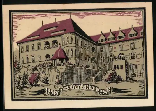 Notgeld Aschersleben 1921, 25 Pf, Krankenhaus-Motiv, Seriennummer, Gültig bis März 1922