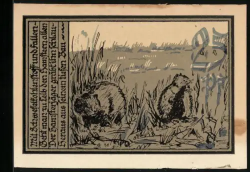 Notgeld Aschersleben 1921, 25 Pf, Biber am Flussufer, Schriftzug mit Datum und Unterschrift