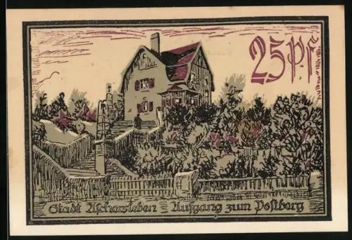 Notgeld Aschersleben 1921, 25 Pfennig, Haus und Garten, Seriennummer 041129