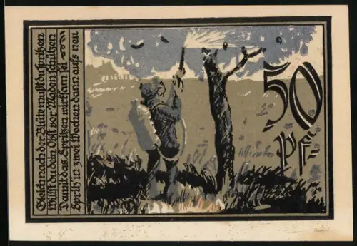 Notgeld Aschersleben 1921, 50 Pfennig, Bauer spritzt Pflanzenschutzmittel, Seriennummer 060957