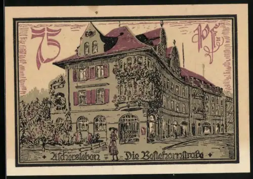 Notgeld Aschersleben 1921, 75 Pfennig, Bäckergasse mit Gebäuden, Seriennummer 039270