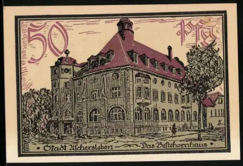 Notgeld Aschersleben 1921, 50 Pfennig, Rathaus und dekorative Schrift, Seriennummer 2530
