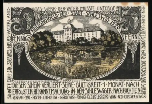 Notgeld Schleswig 1920, 50 Pfennig, Schloss mit Teich, Seriennummer 154467, Wappen