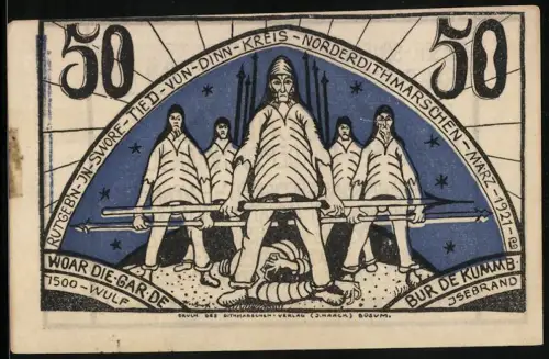 Notgeld Norderdithmarschen 1921, 50 Pfennig, Gruppe von Männern mit Speeren, Seriennummer, Gutscheintext